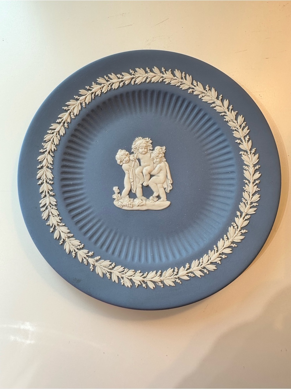 Vintage Wedgwood Blue Jasperware Plate with White Cherub Relief - 7 Inches
